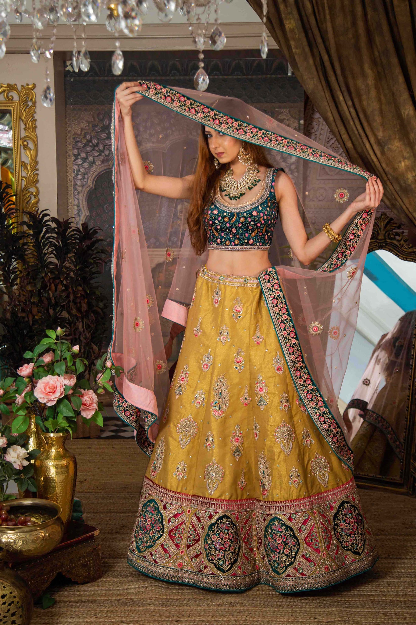 ASTHA-Golden Yellow Embroiderd. Heavy Border Lehenga Set.