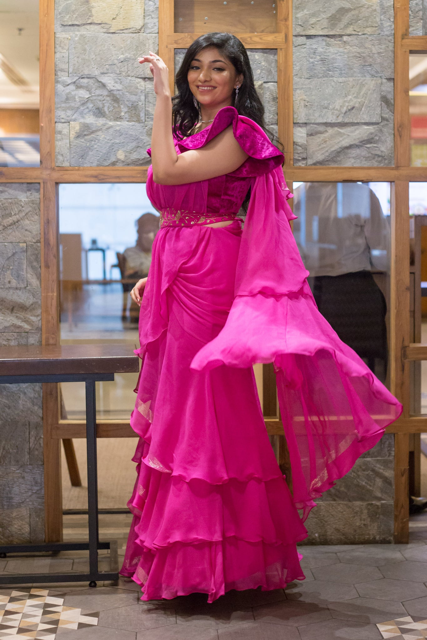 PINK DRAPE RUFFLE SAREE