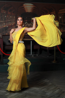 MIO -yellow crape saree with Organza border and Matching handcrafted blouse
