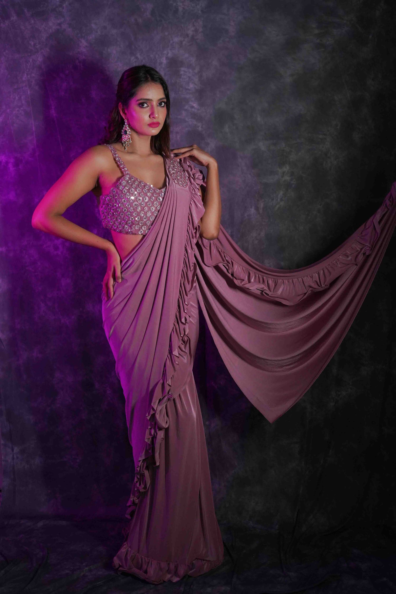 RAHA - Dull rose lycra ready drape ruffle saree with Matching sequin blouse