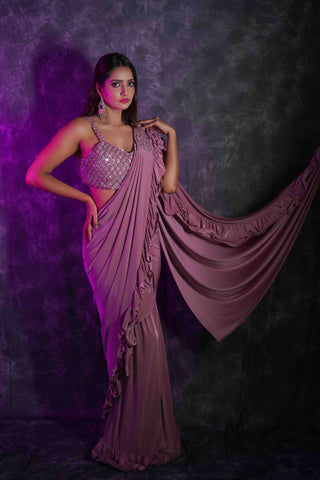 RAHA - Dull rose lycra ready drape ruffle saree with Matching sequin blouse