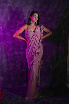 RAHA - Dusky Rose lycra ready drape ruffle saree.