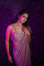 RAHA - Dull rose lycra ready drape ruffle saree with Matching sequin blouse